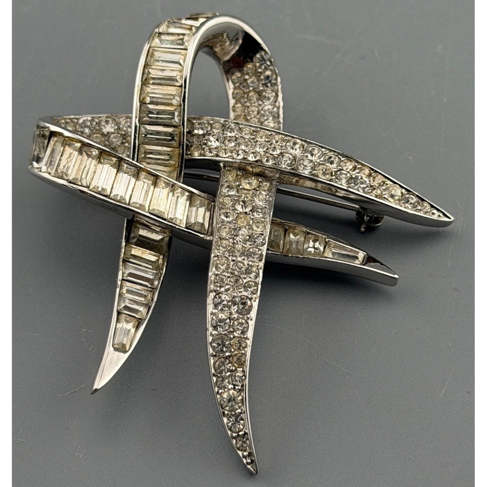 Vintage Marcel Boucher  Rhinestone Ribbon Brooch Baguette 7932P Signed 2"